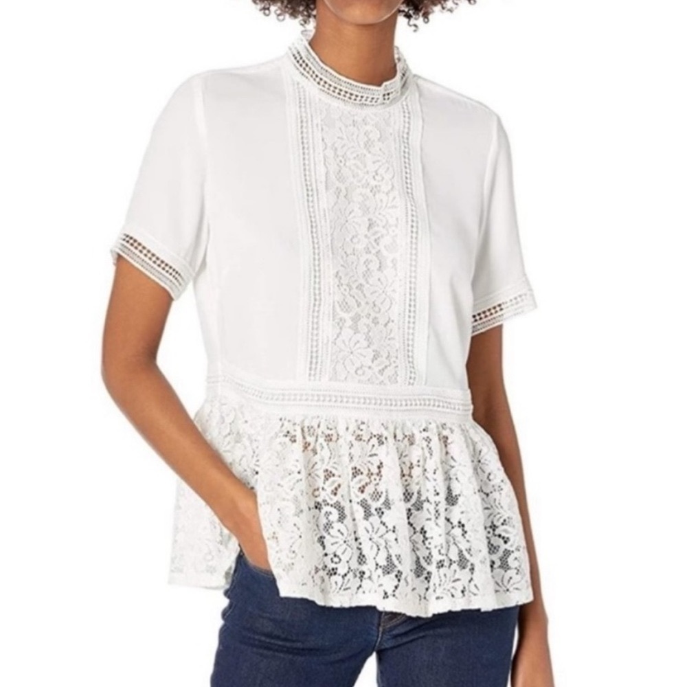 Zara Lace Panel Peplum High Neck Short Sleeve Blouse Size XS